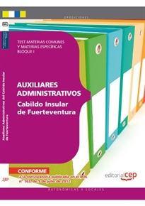 Books Frontpage Auxiliares Administrativos del Cabildo Insular de Fuerteventura. Test Materias Comunes y Materias Específicas Bloque I