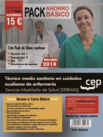 Books Frontpage PACK AHORRO BÁSICO. Técnico medio sanitario en cuidados auxiliares de enfermería. Servicio Madrileño de Salud (SERMAS). (Incluye Temarios Vol. I, II, Test y Simulacros)